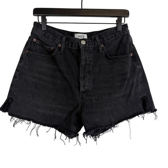 AGOLDE Dee Shorts High Rise Button Fly Raw Hem Black Denim $128 - 29 - Picture 1 of 7